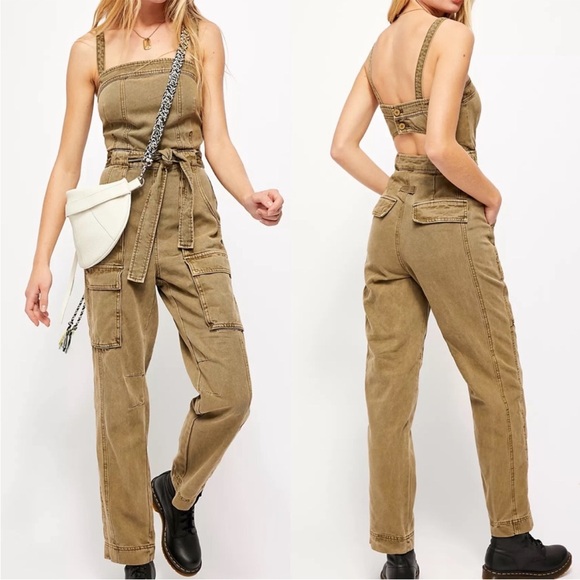 Free People Go West Utility Jumpsuit Moss green size large coverall cargo army L - Picture 2 of 15